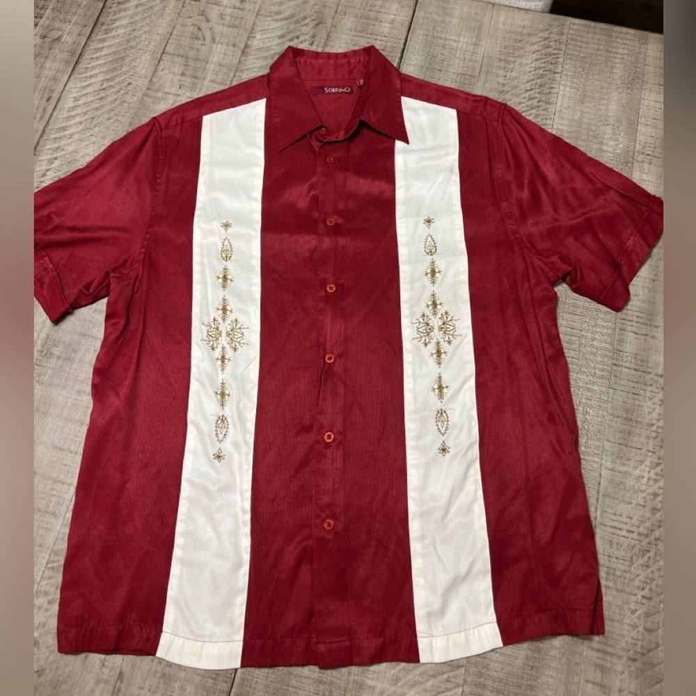 Sobrino Bowling Shirt Mens Red off white SS Lightweight Rayon Button Up